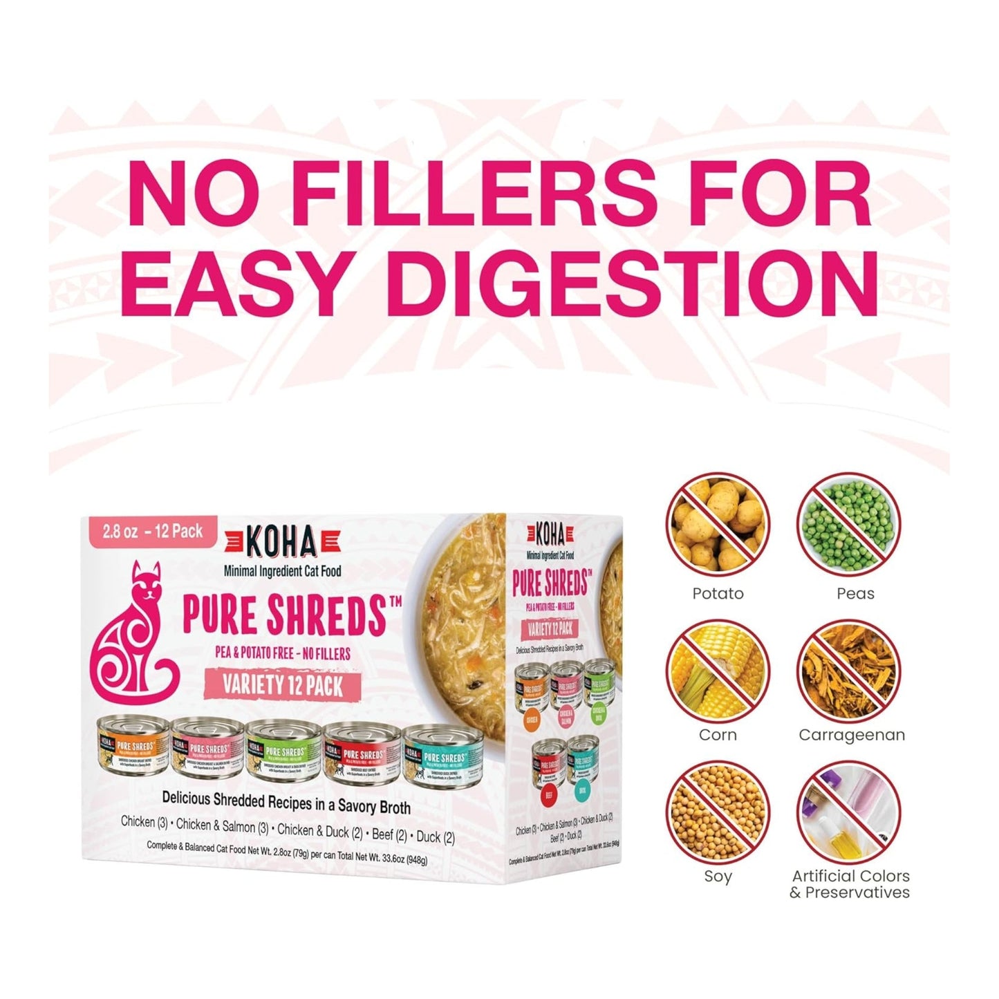 Koha Cat Pure Shreds Variety Pack – Grain-Free (2.8oz, Case of 24)