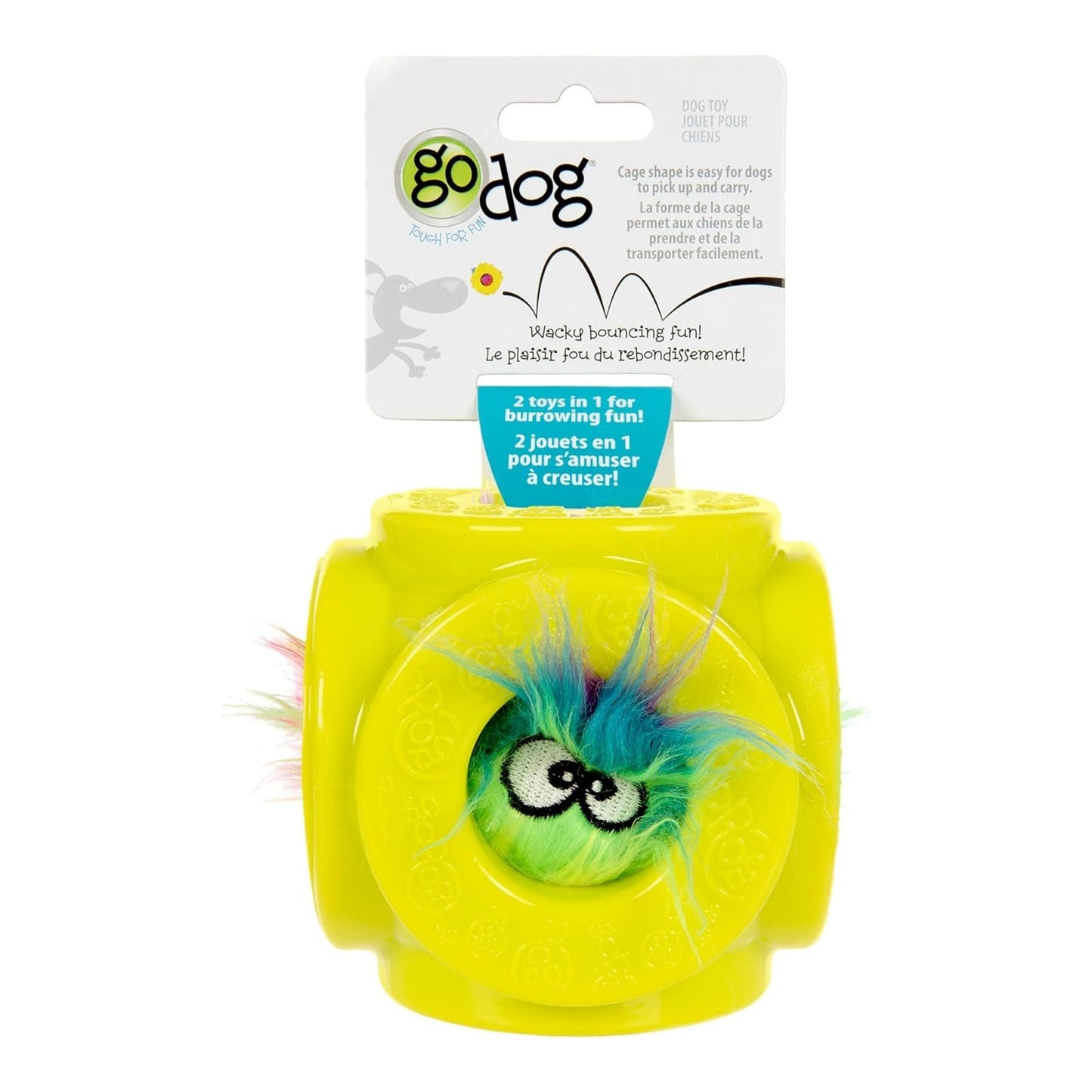 goDog Cage Ball 2-in-1 Burrow Bouncer Dog Toy β Lime/Rainbow, Medium