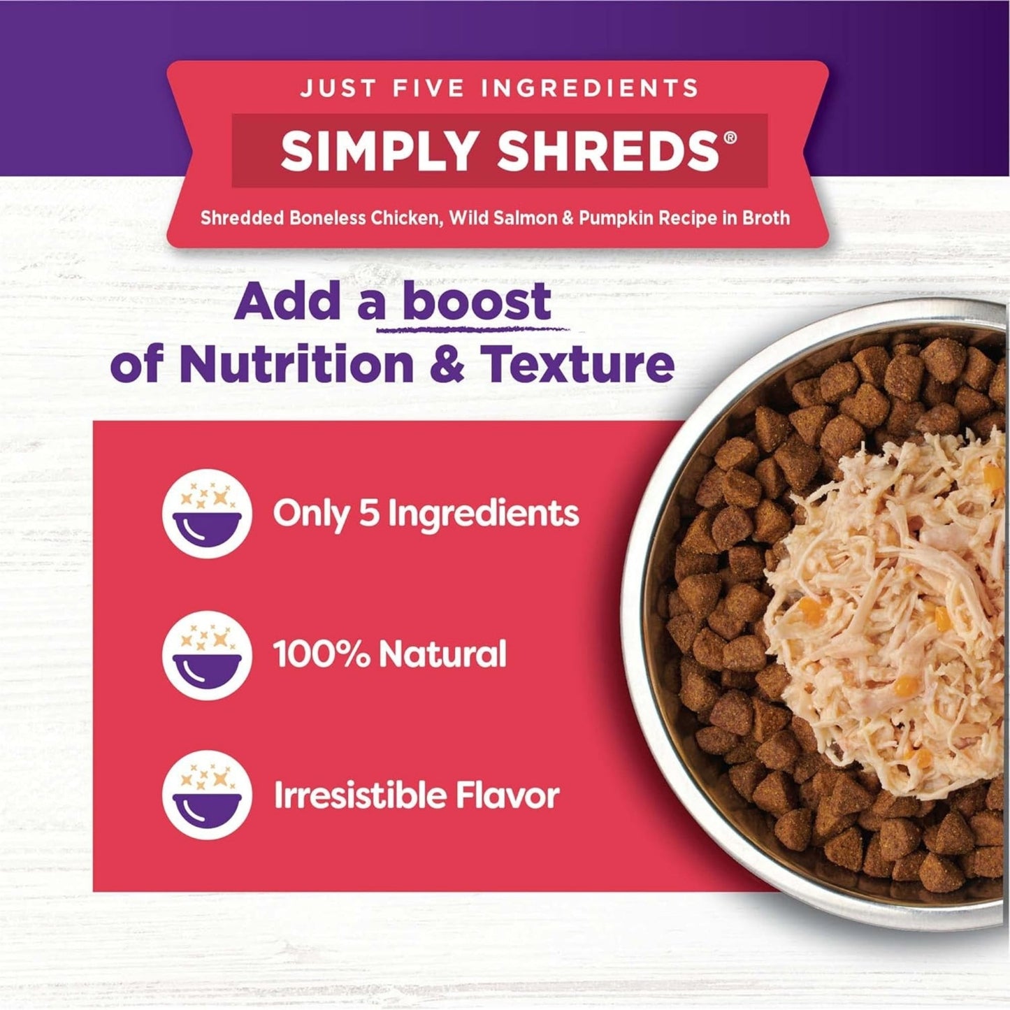 Wellness Bowl Boosters Simply Shreds – Chicken & Salmon Shred (2.8oz, Case of 12)