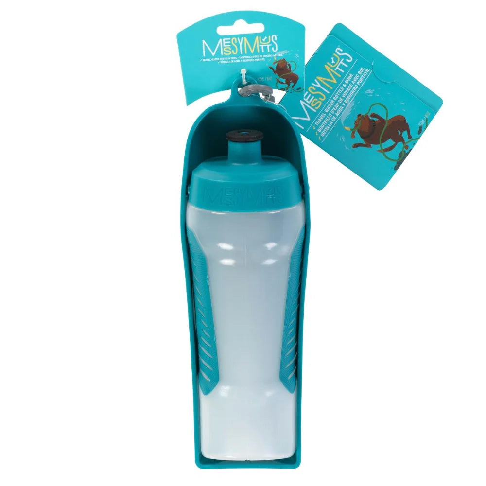 Messy Mutts Travel Water Bottle & Bowl – Blue, 16oz