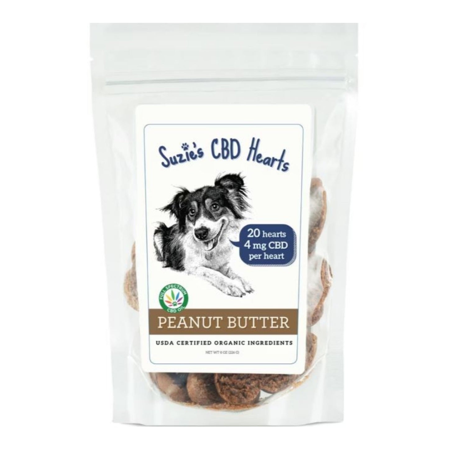 Suzie’s CBD Hearts for Dogs — Peanut Butter Recipe 8oz (4mg CBD per Heart)