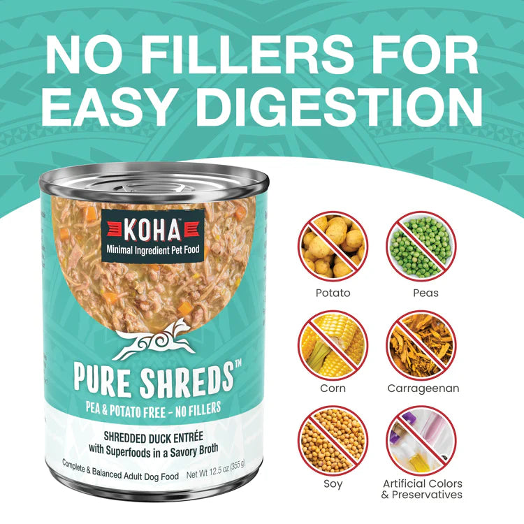 Koha Dog Pure Shreds – Shredded Duck in Broth, Grain-Free (12.5oz, Case of 12)